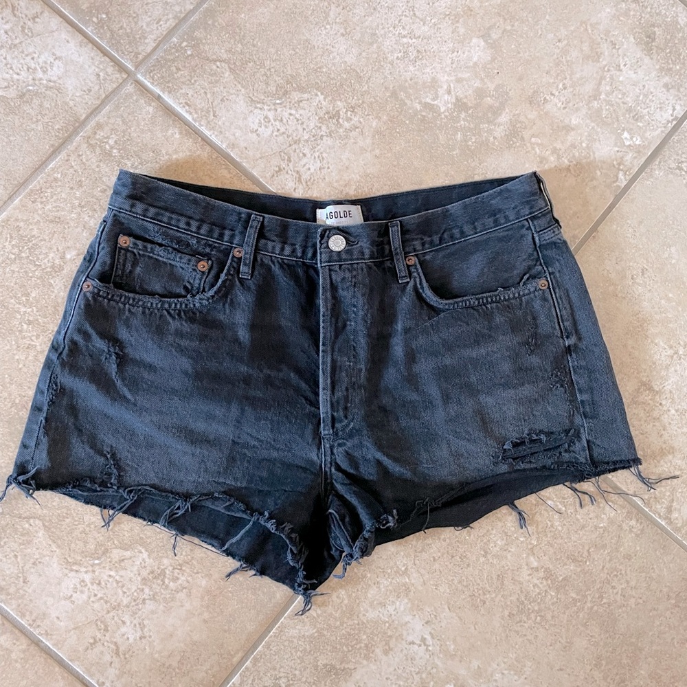 - Agolde Distressed Black Denim Shorts
